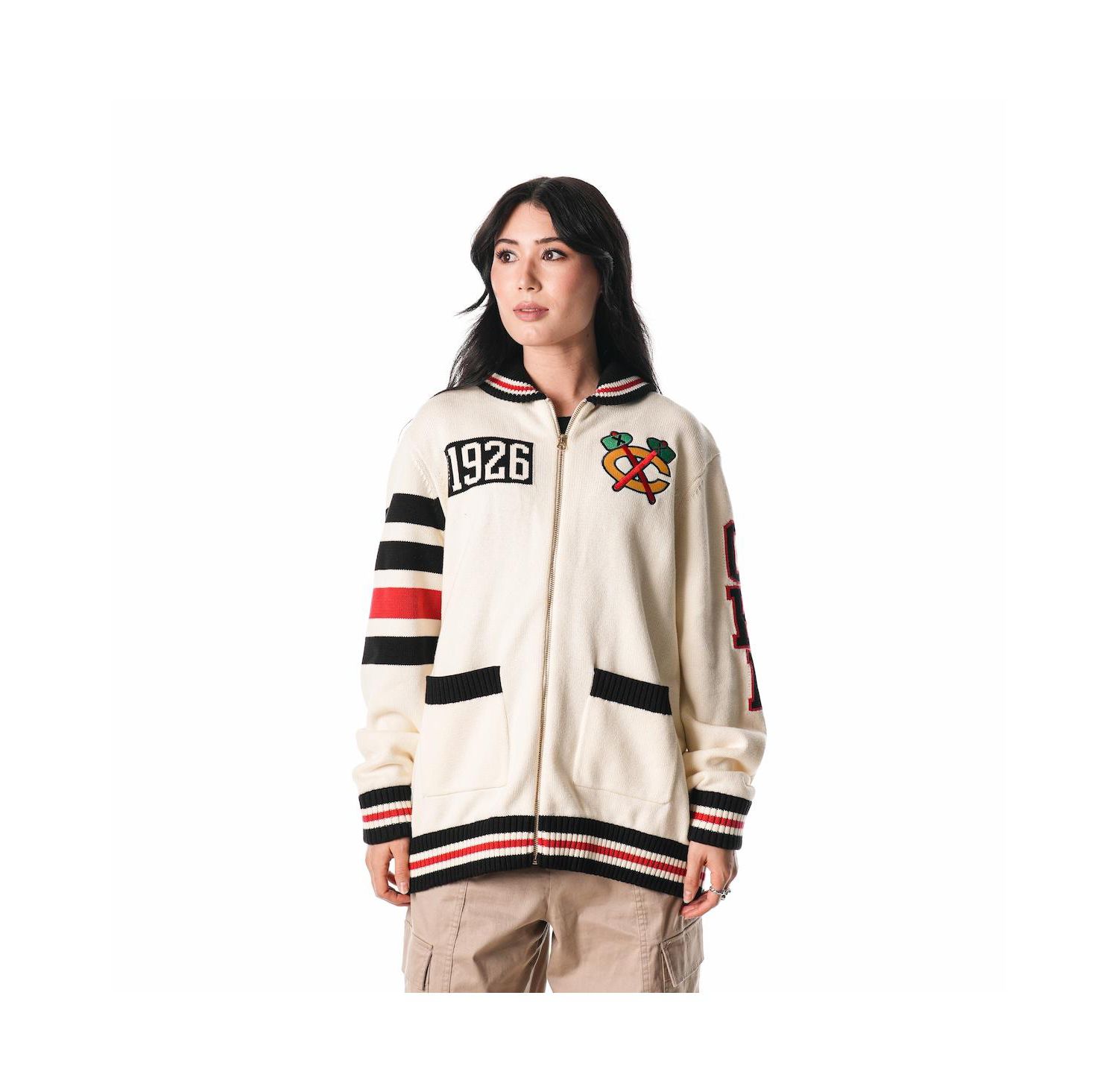 Men's and Women's Cream Chicago Blackhawks Jacquard Full-Zip Sweater