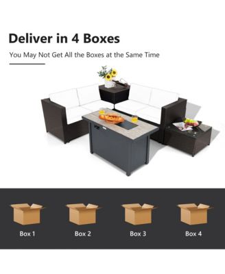 5PCS Patio Rattan Furniture Set Fire Pit Table w/ Cover Storage Cushion