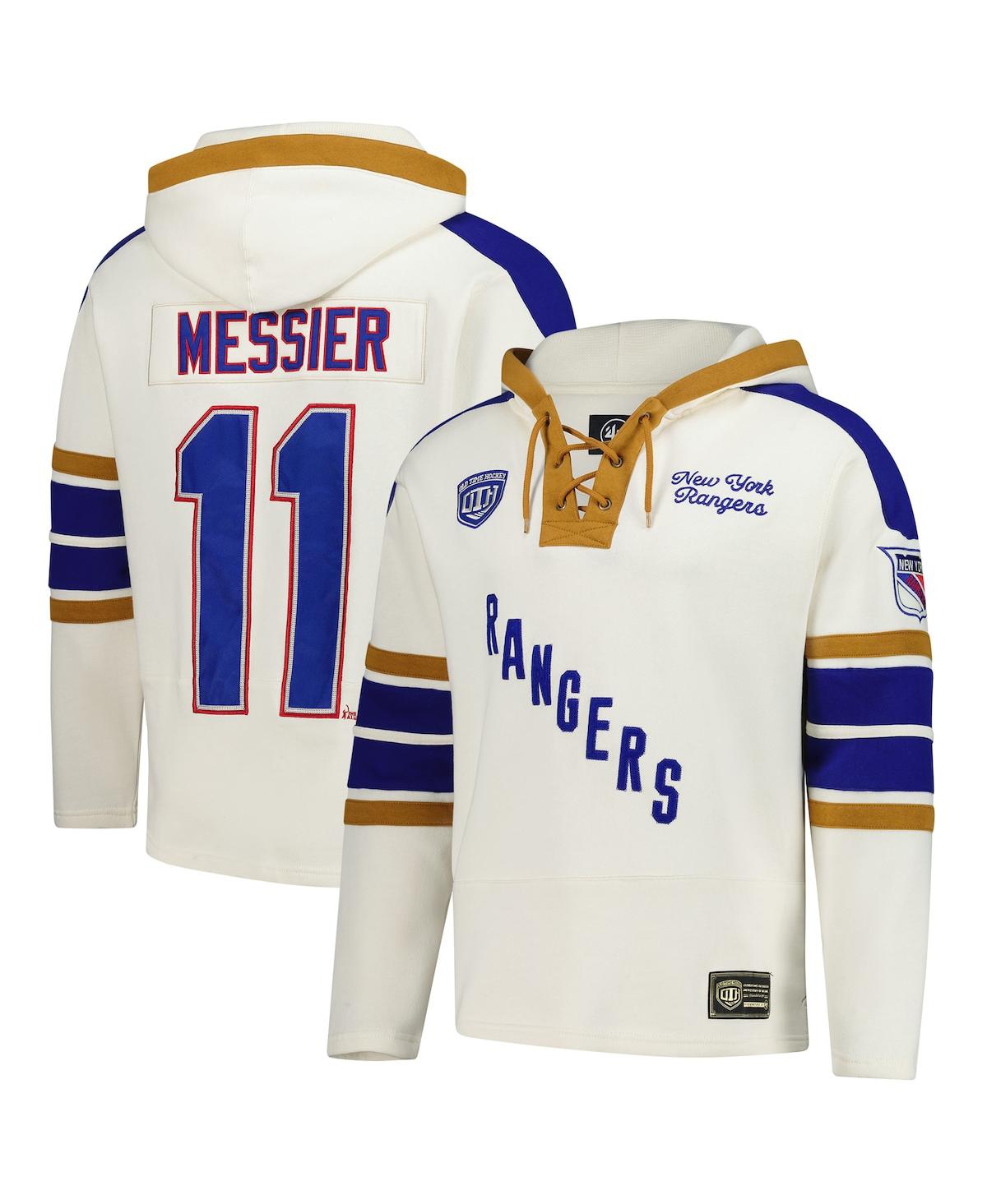 47 BRAND MEN'S MARK MESSIER CREAM NEW YORK RANGERS BLUE LINE HERITAGE NAME NUMBER LACE-UP PULLOVER HOODIE 