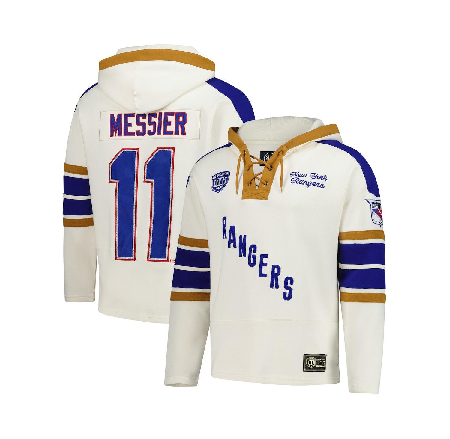 47 Brand Men's Mark Messier Cream New York Rangers Blue Line Heritage Name & Number Lace-Up Pullover Hoodie