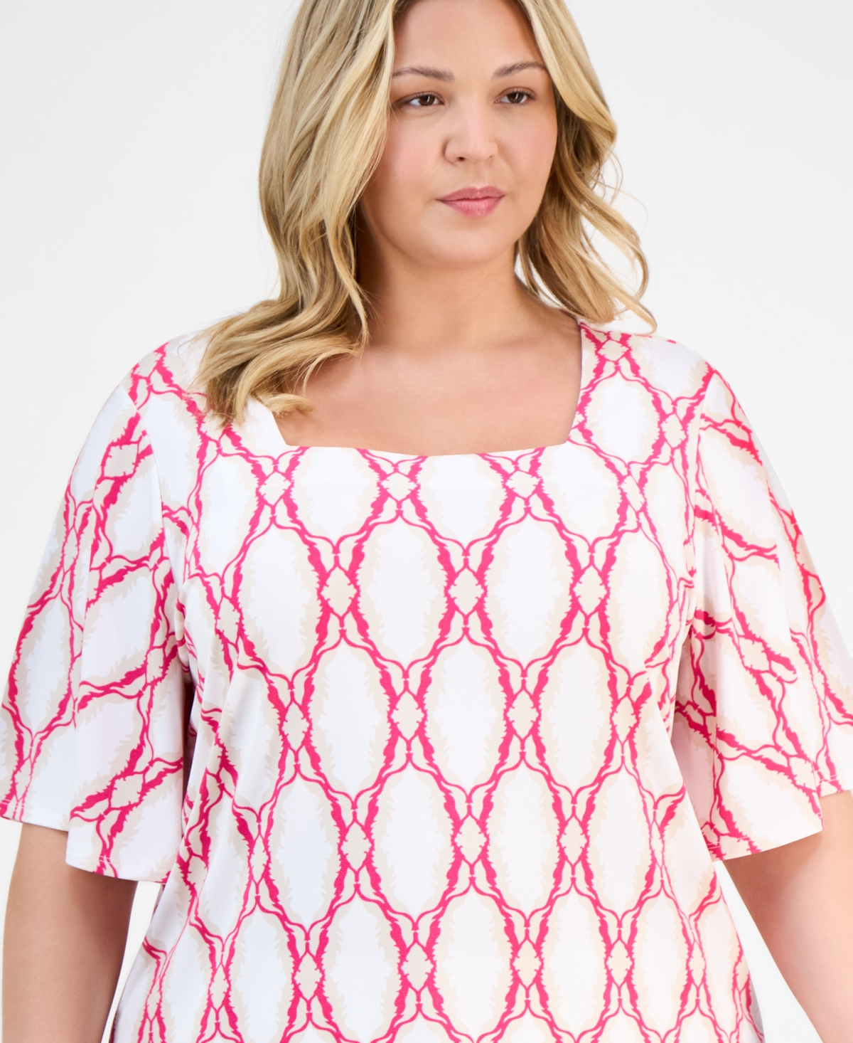 JM COLLECTION PLUS SIZE PRINTED FLUTTER-SLEEVE TOP, EXCLUSIVELY AT MACY'S 