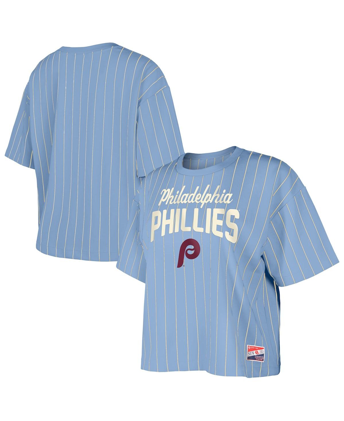 NEW ERA WOMEN'S LIGHT BLUE PHILADELPHIA PHILLIES COOPERSTOWN COLLECTION MULTIPLIER PINSTRIPE CROPPED T-SHIRT 