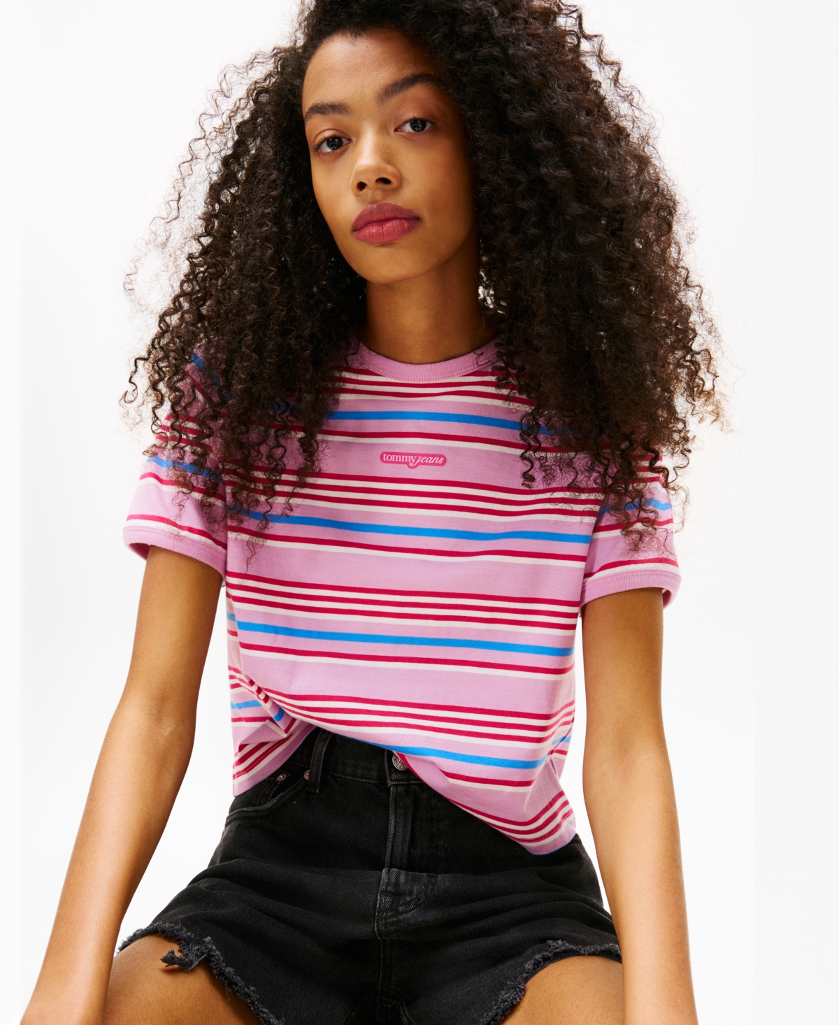 Shop Tommy Jeans Women's Regular Fit Script Stripe Logo Tee In Carnival Pink,stripe
