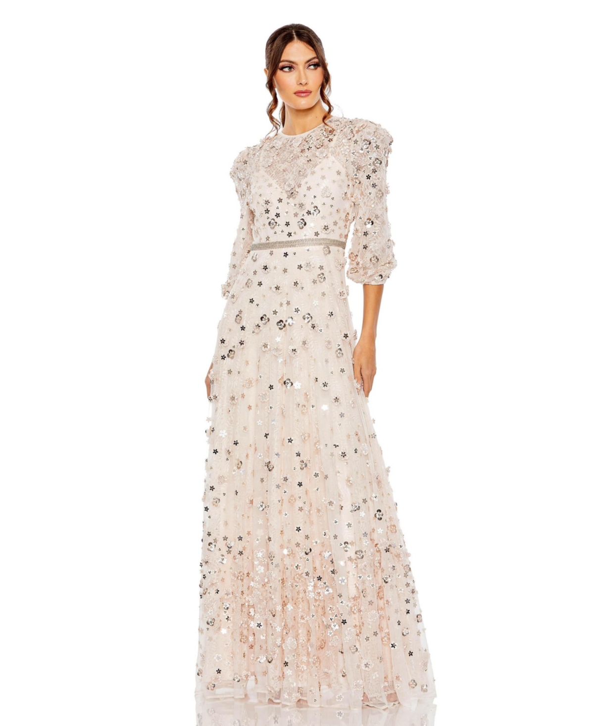 Women's Floral Applique Puff Sleeve High Neck A-Line Gown - Blush