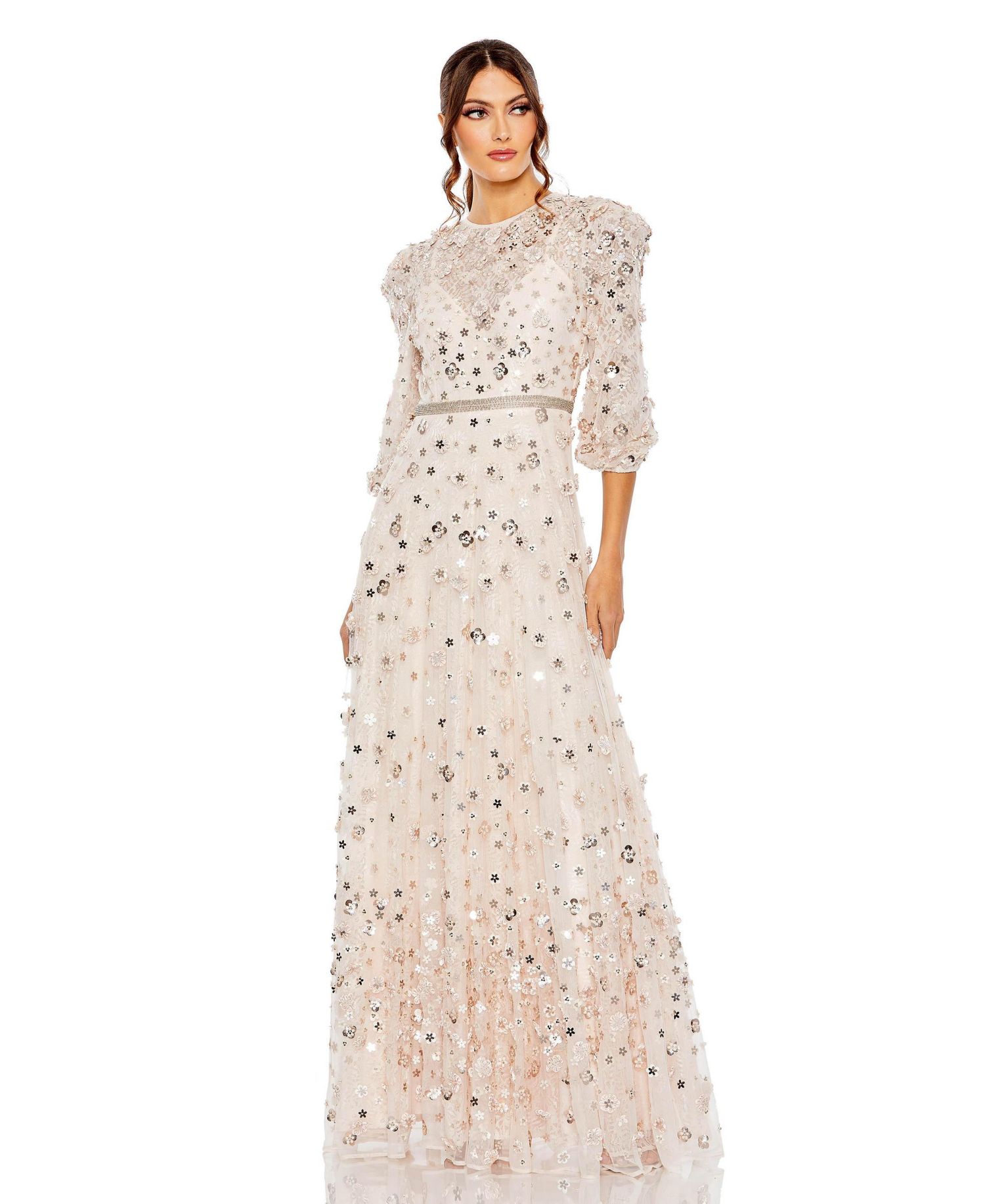 Women's Floral Applique Puff Sleeve High Neck A-Line Gown