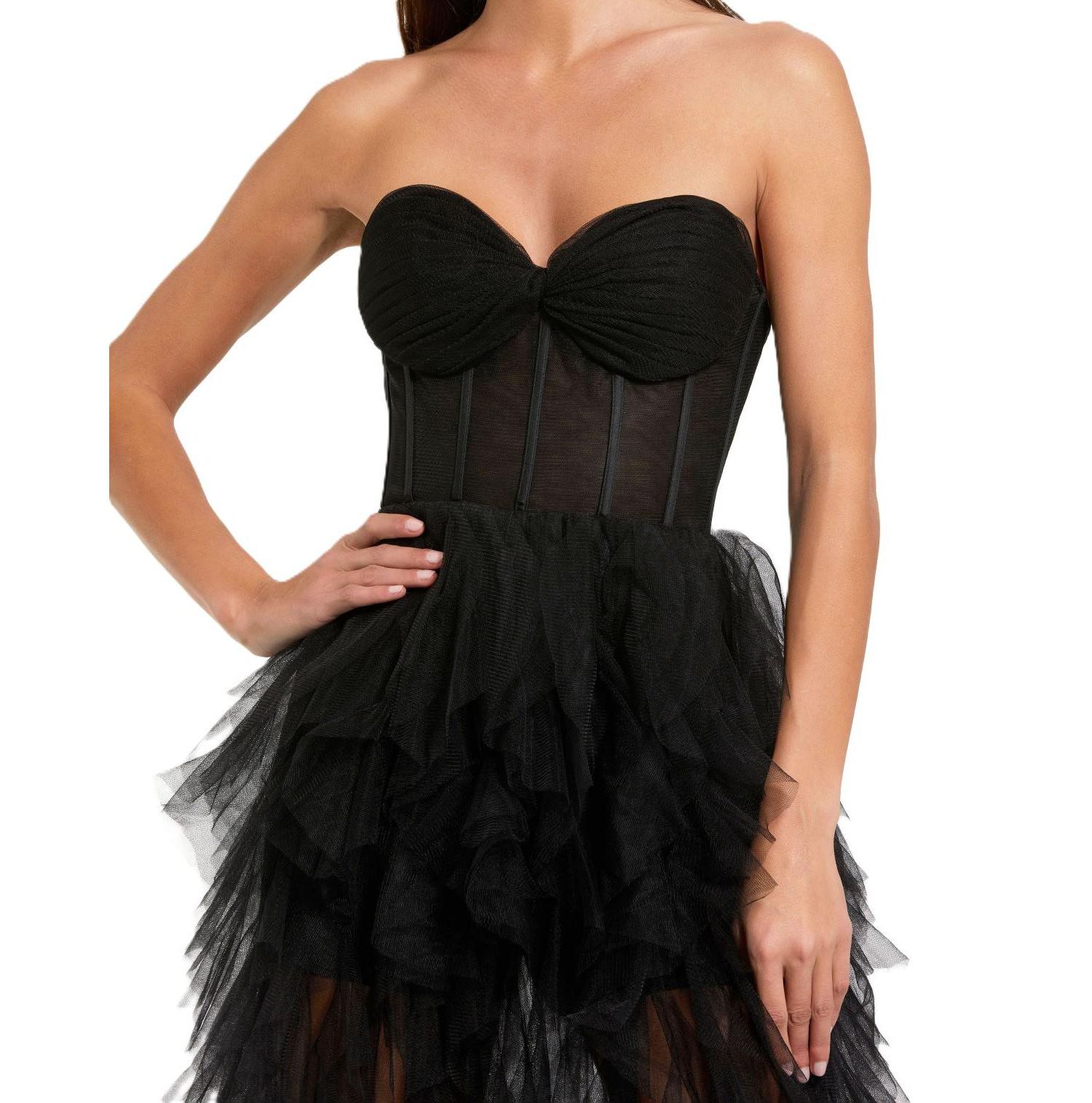 Women's Strapless Bustier Net Gown With Spiral Ruffles