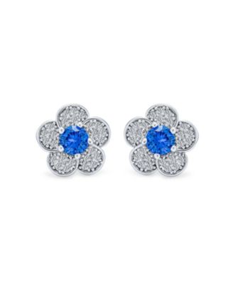 Flower Petals Cubic Zirconia Pave CZ Stud Earrings Blue Center Silver Plated Brass