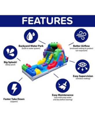HeroKiddo 12FT Block Party Dual Lane Backload Inflatable Water Slide with Attached Pool & Air Blower, Commercial Grade, PVC Vinyl, Outdoor Play, Backyard Fun, Kids and Adults