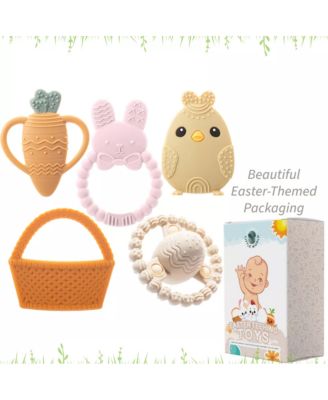 Toddler Easter Teether Set, Easter Bunny, Carrot, Chicken, Rattle Egg & Easter Basket Teething Toys Cute Easter Teethers Toys Gift Set