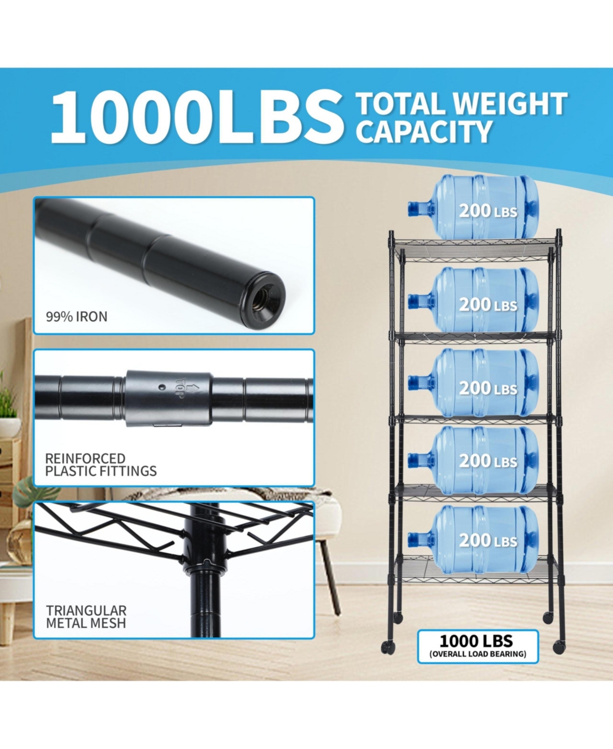 Heavy Duty 5-Tier Shelving Units Adjustable, Wire Shelf with 1000 lbs Capacity (250 per Shelf), 30 "D x 14" W x 65 "H, Black, 5 Levels,