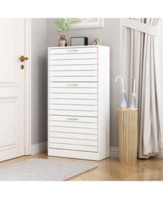 Wooden 3-door white shoe cabinet, shutter door drawers, multi-purpose shoe rack with adjustable shelves