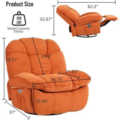 Oversized Swivel Power Recliner Chair, Modern Massage Rocker Recliner Chairs with Heated, USB-C Ports and Side Pocket