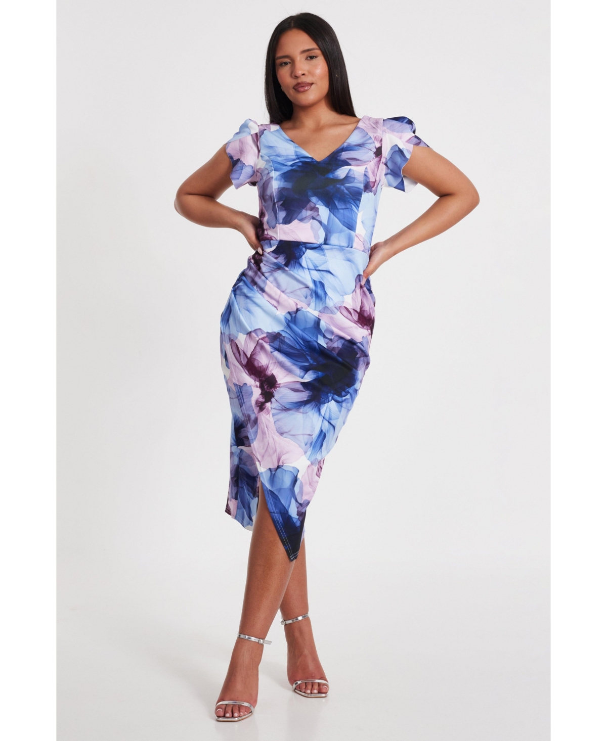 Women's Scuba Floral Frint Cap Sleeve Midi Bodycon Dress - Multi