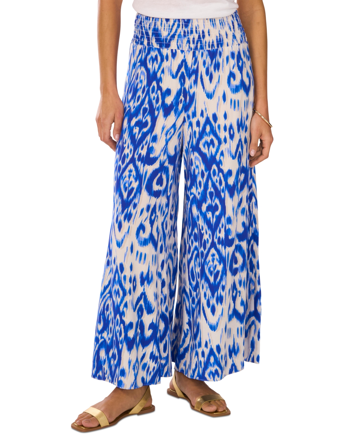 Shop Vince Camuto Women's Ikat-print Smocked-waist Pull-on Wide-leg Pants In Royal Azure