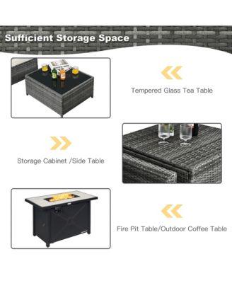 9 PCS Patio Rattan Furniture Set Fire Pit Table Storage Grey W/ Cover