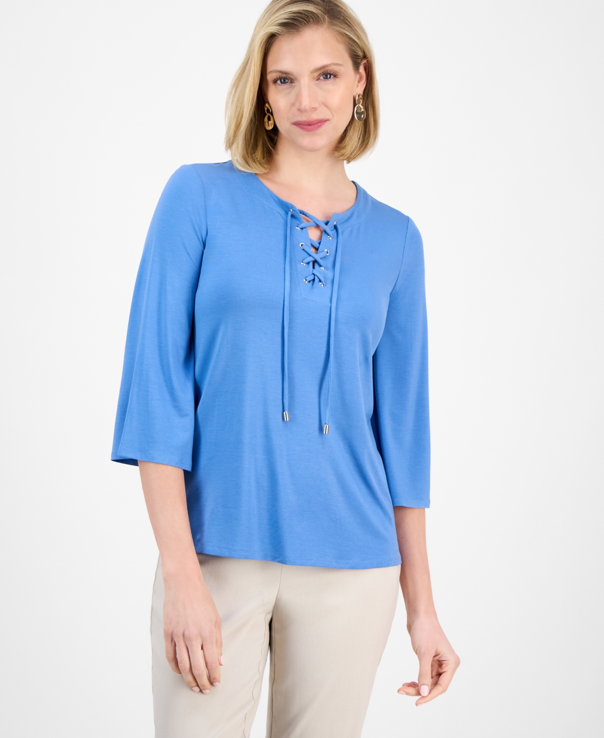 JM COLLECTION PETITE LACE-UP 3/4-SLEEVE TOP, EXCLUSIVELY AT MACY'S 