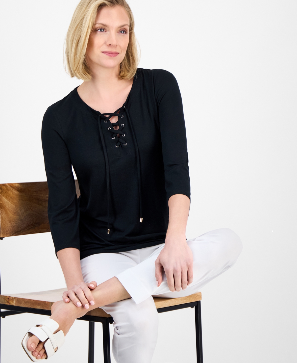 JM COLLECTION PETITE LACE-UP 3/4-SLEEVE TOP, EXCLUSIVELY AT MACY'S 