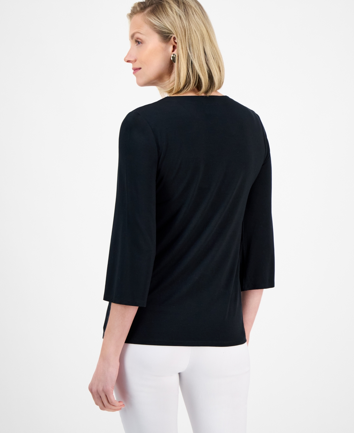 JM COLLECTION PETITE LACE-UP 3/4-SLEEVE TOP, EXCLUSIVELY AT MACY'S 