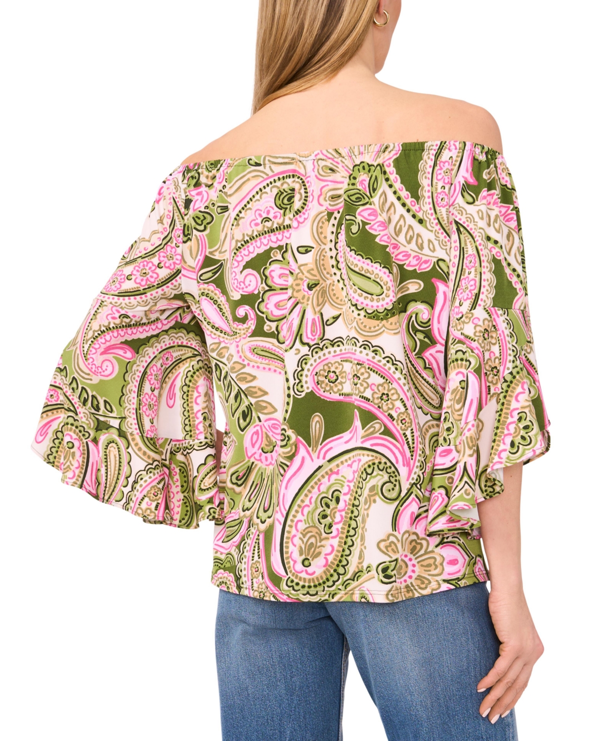 Vince Camuto Off The Shoulder Flutter Sleeve Top In Green Paisley