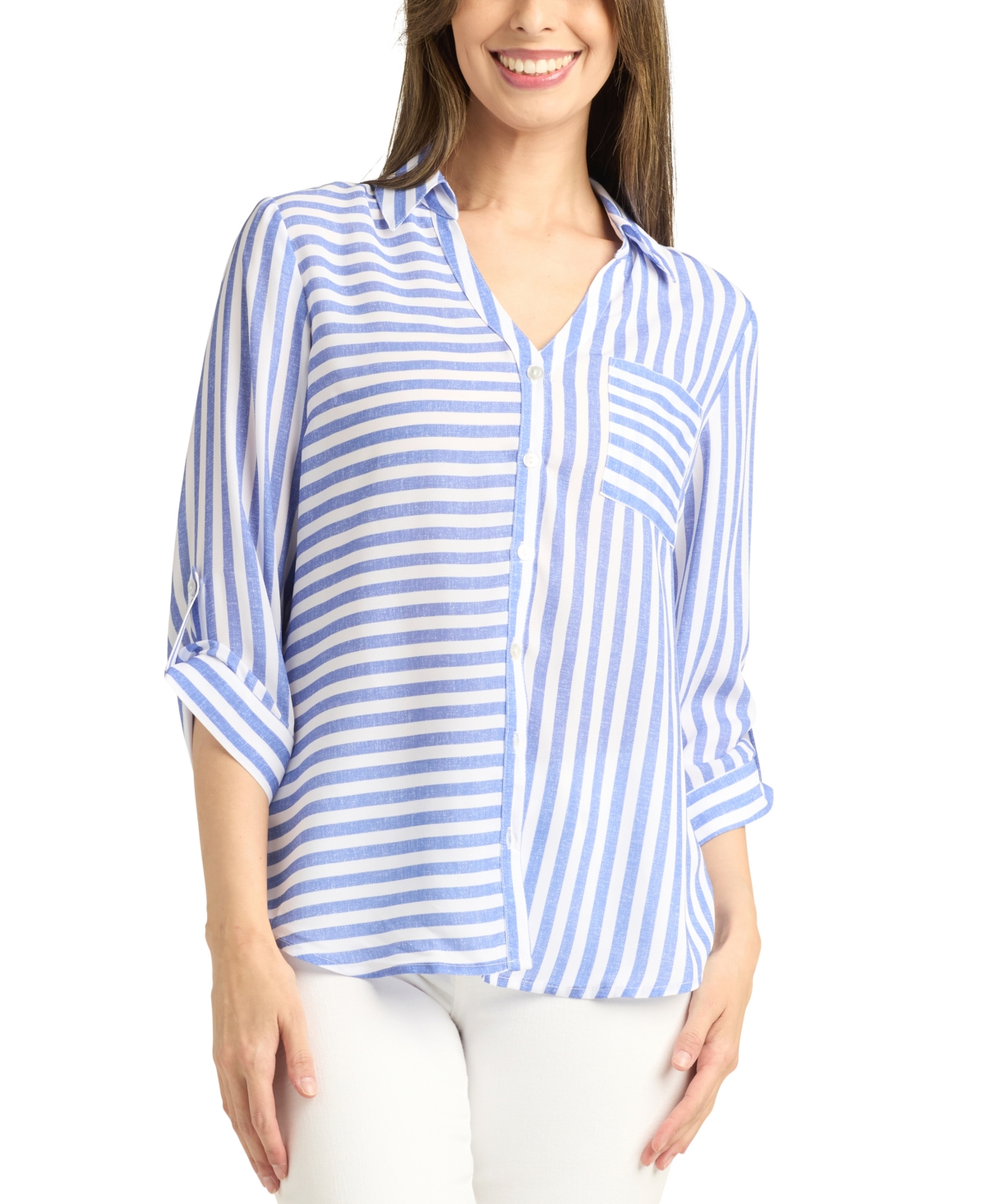 Juniors' Striped Button-Front 3/4-Sleeve Shirt - Blue Pat F