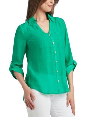 Juniors' Textured Roll-Sleeve Button-Front Top