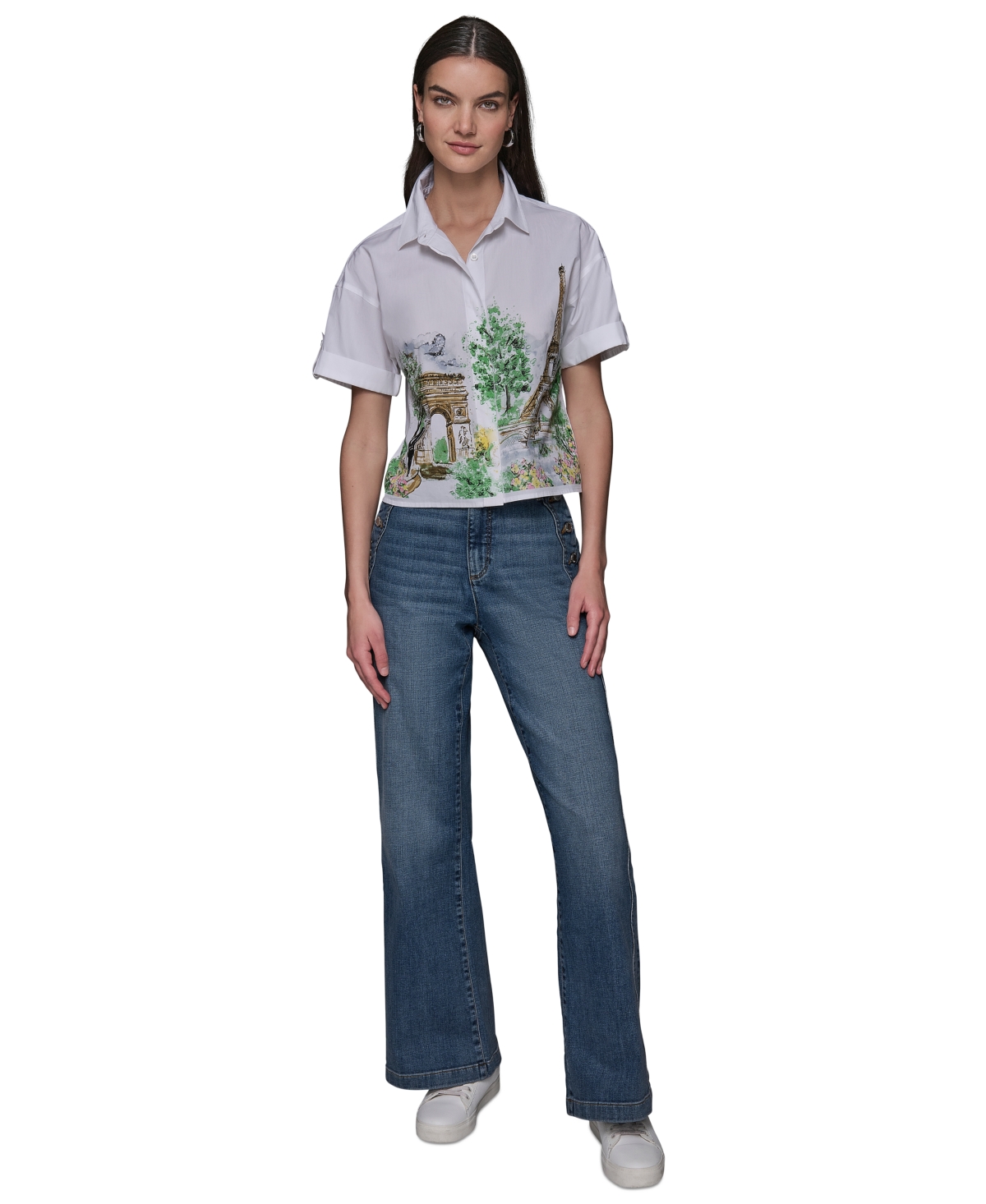 KARL LAGERFELD WOMEN'S COTTON CROP PARIS SCENE BUTTON-FRONT TOP 