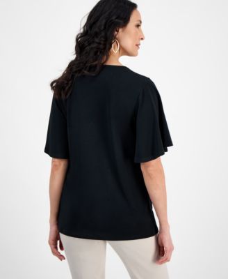 売れ筋商品|||ジェイエムコレクション カットソー トップス レディース Women's Solid Flutter-Sleeve Square Neck Crepe Top, Exclusively at Macy's Deep Black JM Collection Women's Solid Flutter-Sleeve Square Neck Crepe