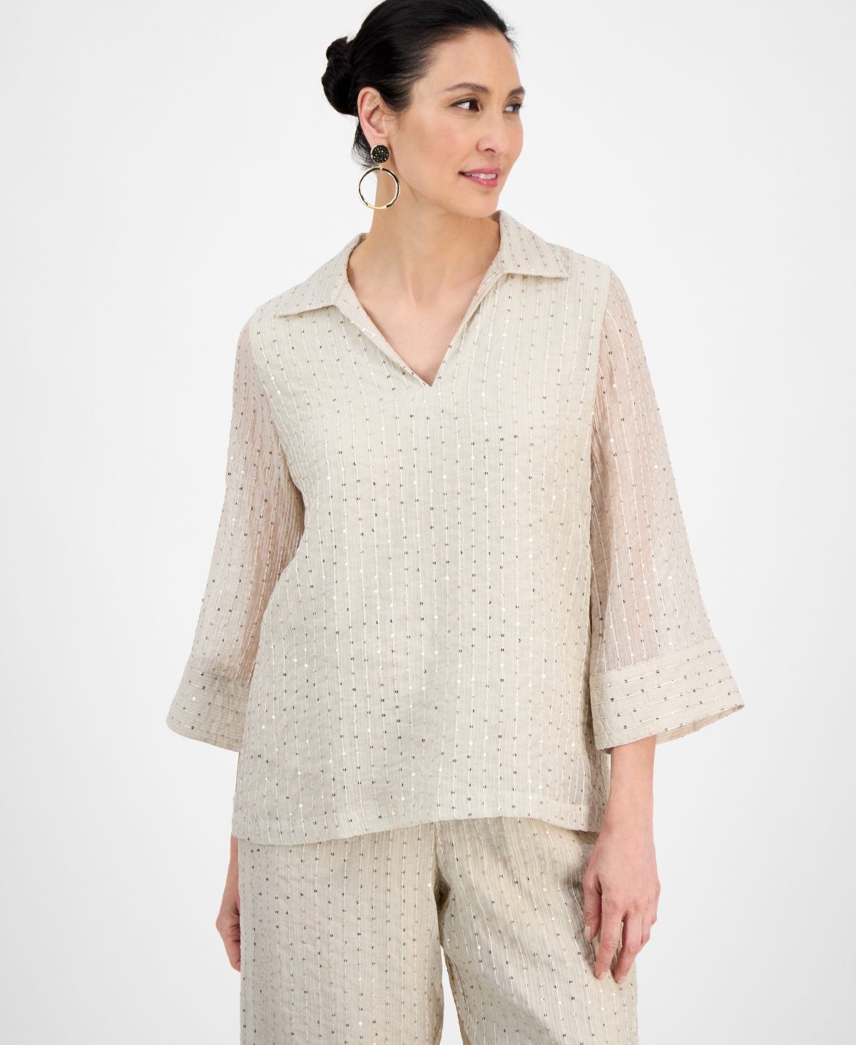 JM COLLECTION WOMEN'S SPREAD-COLLAR CRINKLE SEQUIN TOP, EXCLUSIVELY AT MACY'S 