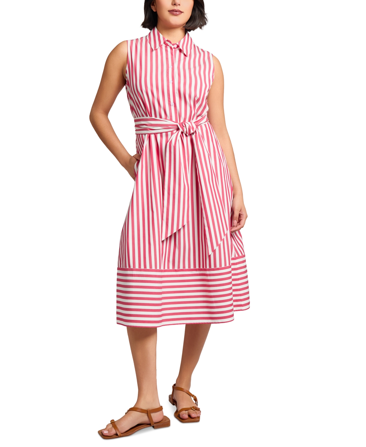 Jones New York Women's Striped Tie-waist Sleeveless Midi Shirtdress