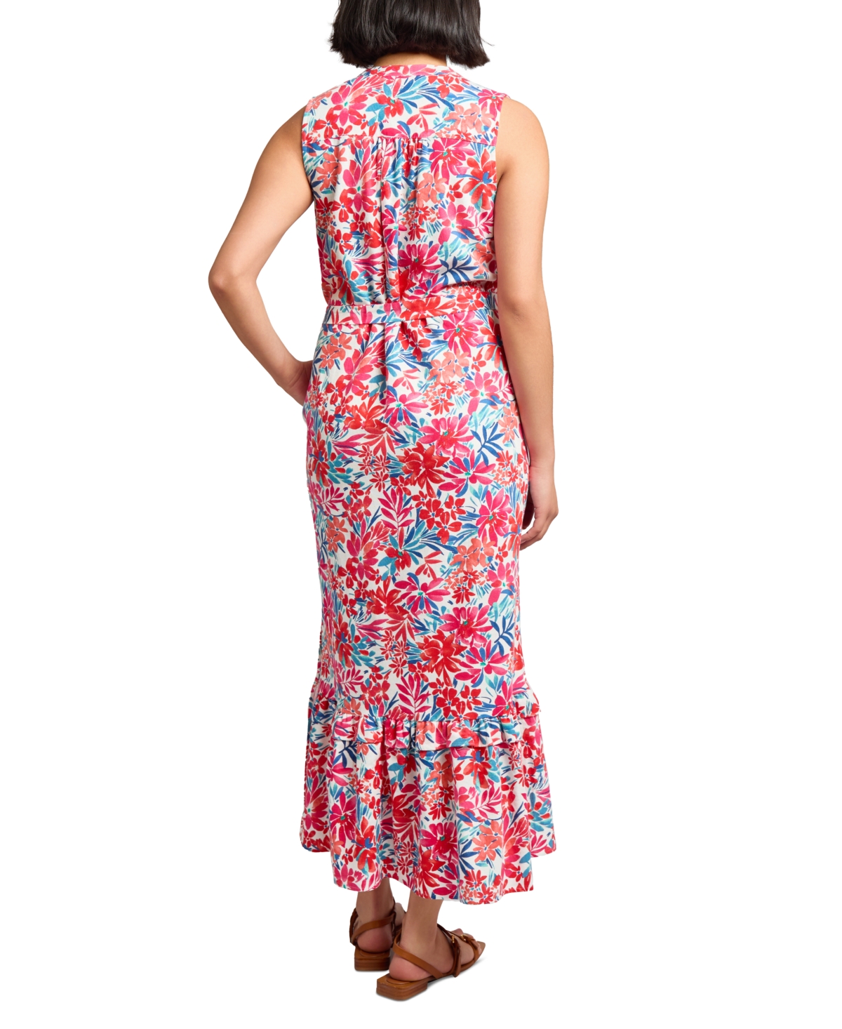 Jones New York Floral Print Ruffle Tie Waist Sleeveless Maxi Dress