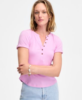 Women's Roll Cuff Rib-Knit Henley T-Shirt, Exclusively at Macy's