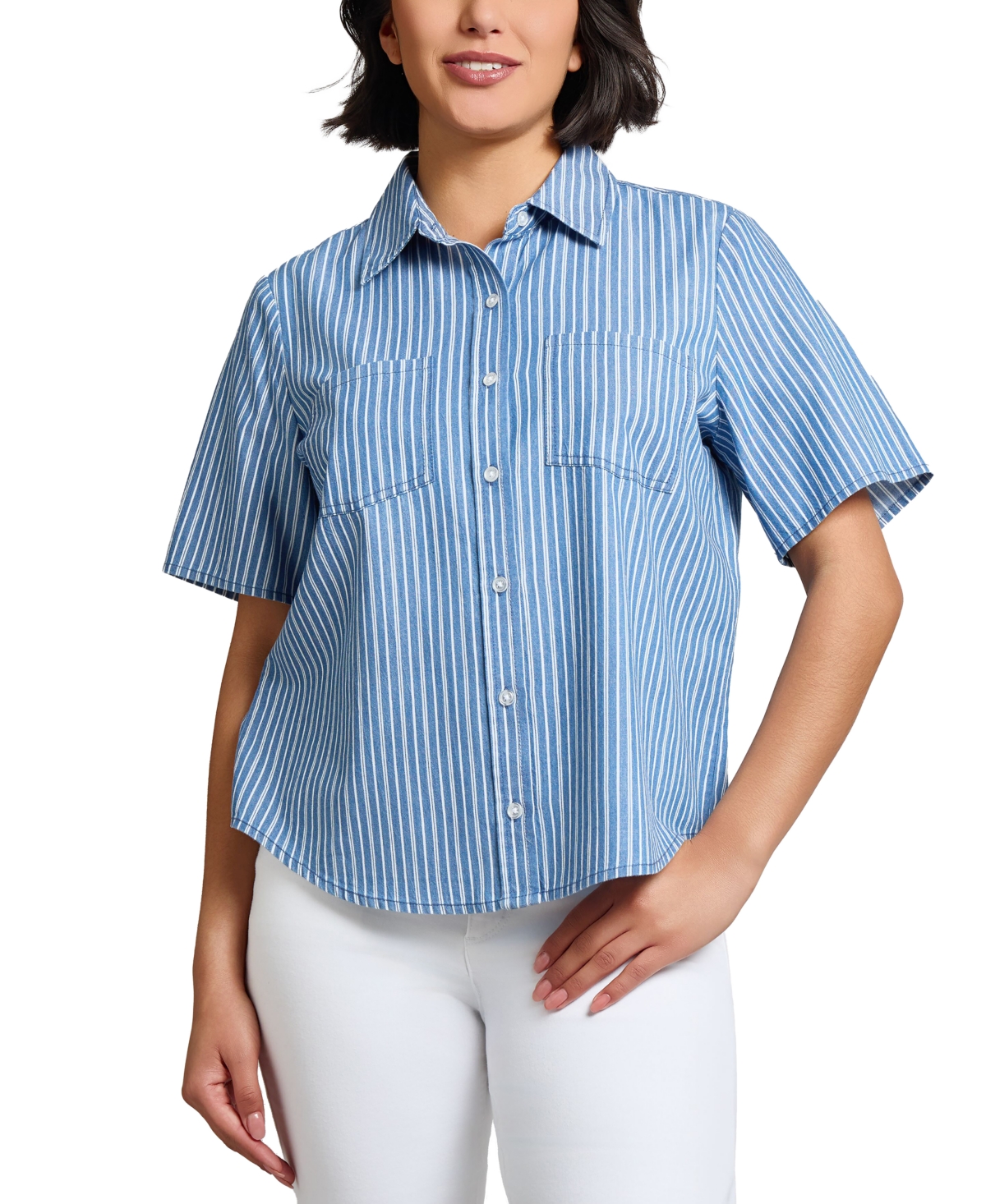 Women's Cotton Double-Patch-Pocket Shirt - Medium Indigo/white