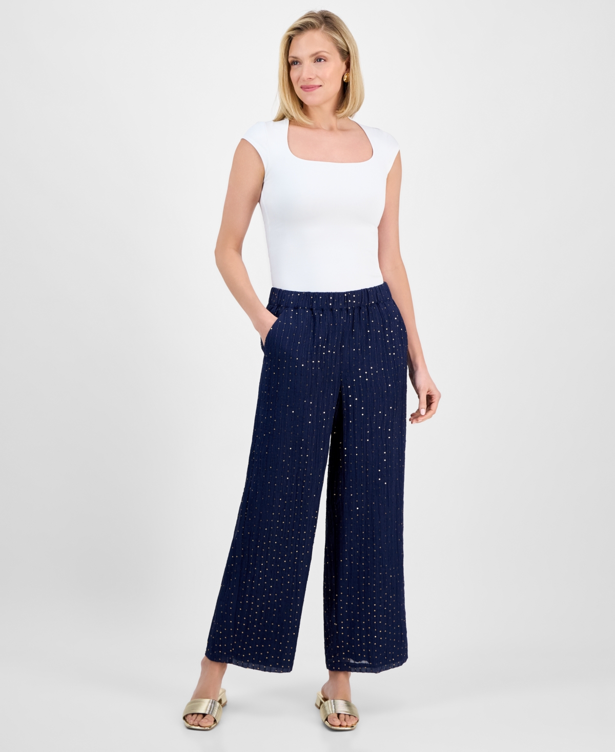 Shop Jm Collection Women's High-rise Wide-leg Sequin Crinkle Pants, Exclusively At Macy's