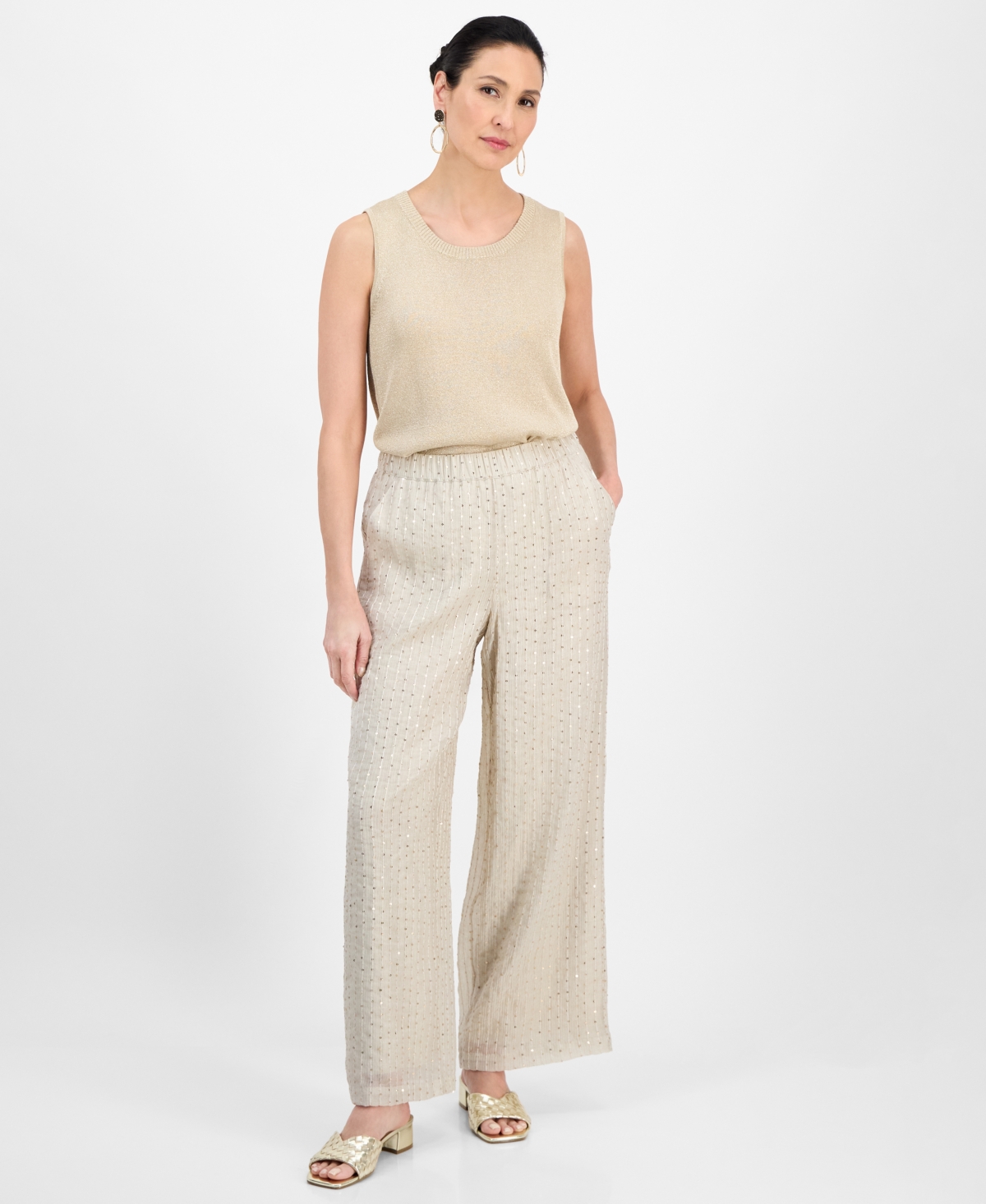 Jm Collection Women's High-rise Wide-leg Sequin Crinkle Pants, Exclusively At Macy's