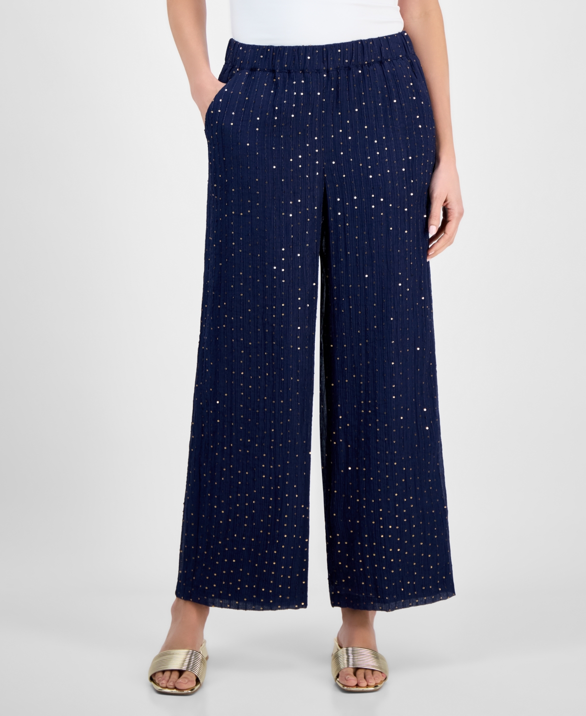 Shop Jm Collection Women's High-rise Wide-leg Sequin Crinkle Pants, Exclusively At Macy's