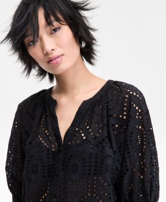 Women's Cotton Eyelet Puff-Sleeve Blouse, Exclusively at Macy's