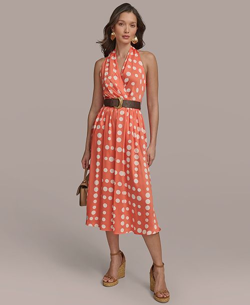 alfani Donna Karan New York Women's Polka-Dot Belted A-Line Dress Women's Fashion Shoes & Accessories