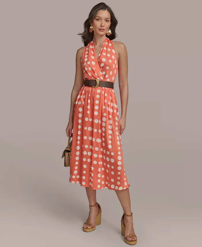 Women's Polka-dot Belted A-line Midi Dress