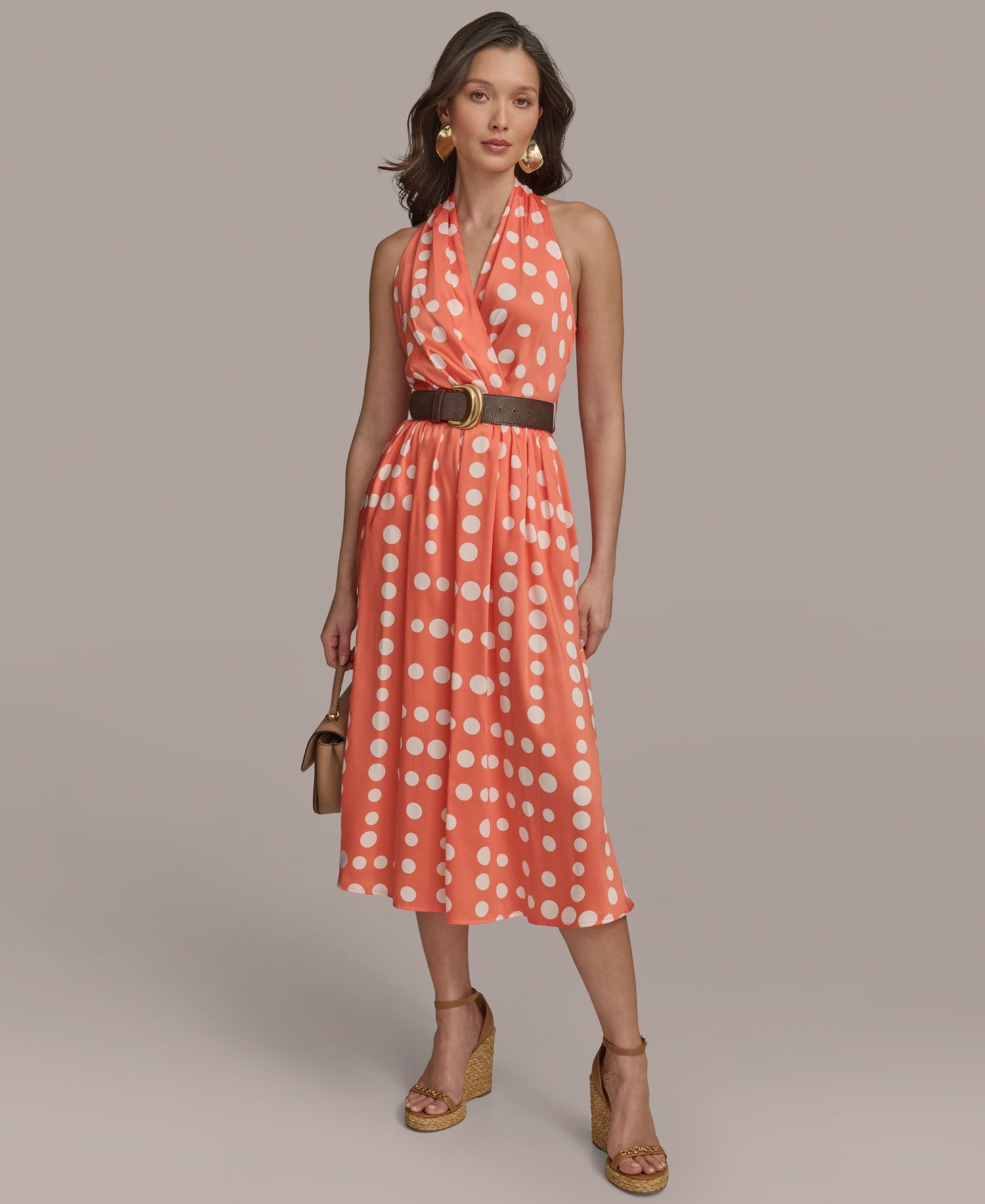 Women's Polka-dot Belted A-line Midi Dress
