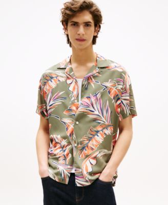 Men's Regular-Fit Leaf-Print Camp Shirt
