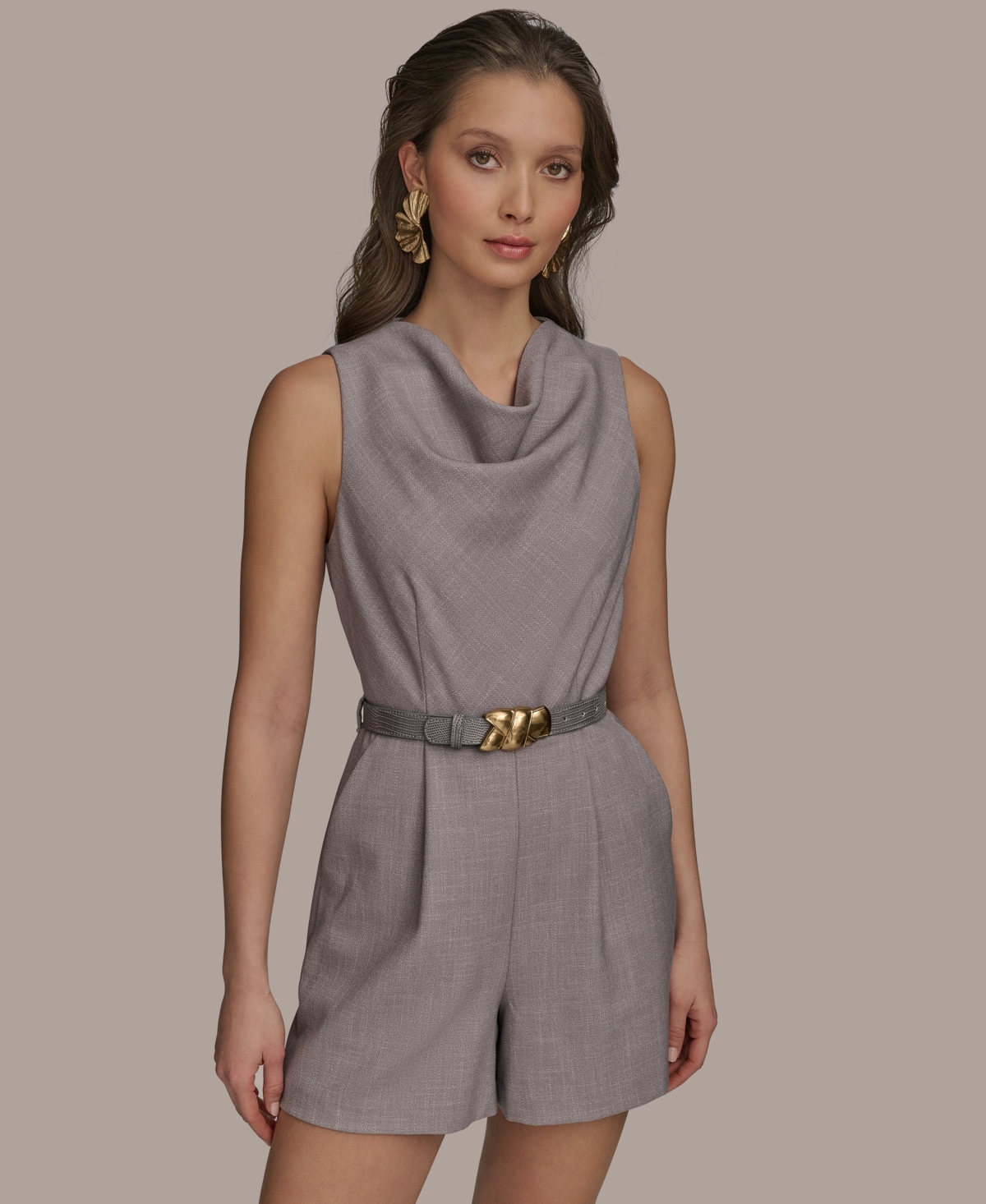 Shop Donna Karan Petite Cowlneck Belted Romper In Clay Limestone