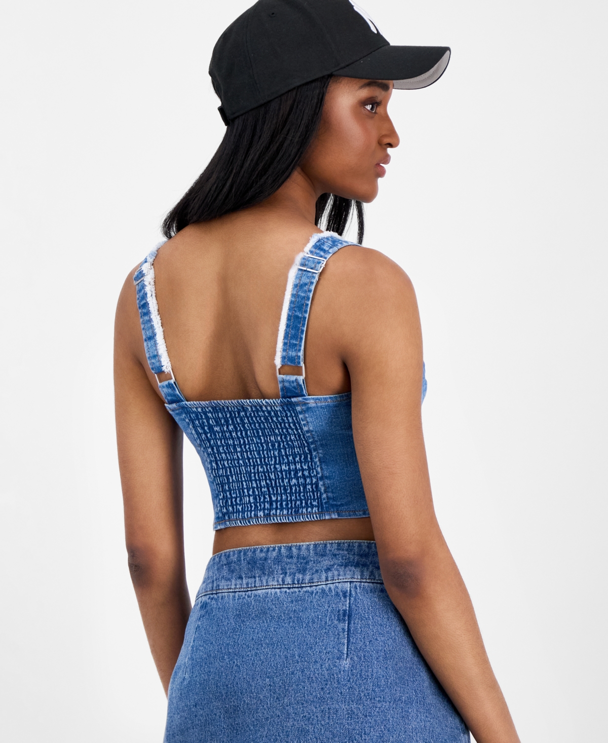 Topson Downs Juniors' Fray-trimmed Cropped Denim Corset-style Top