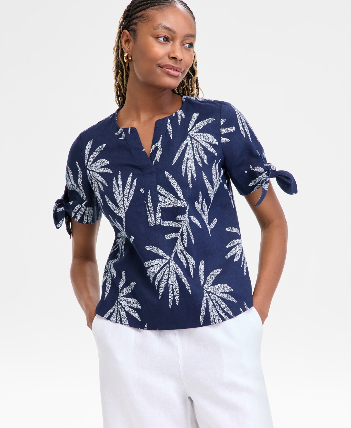 Women's 100% Linen Tied-Sleeve Palm Shirt, Exclusively at Macy's - Intrepid Blue