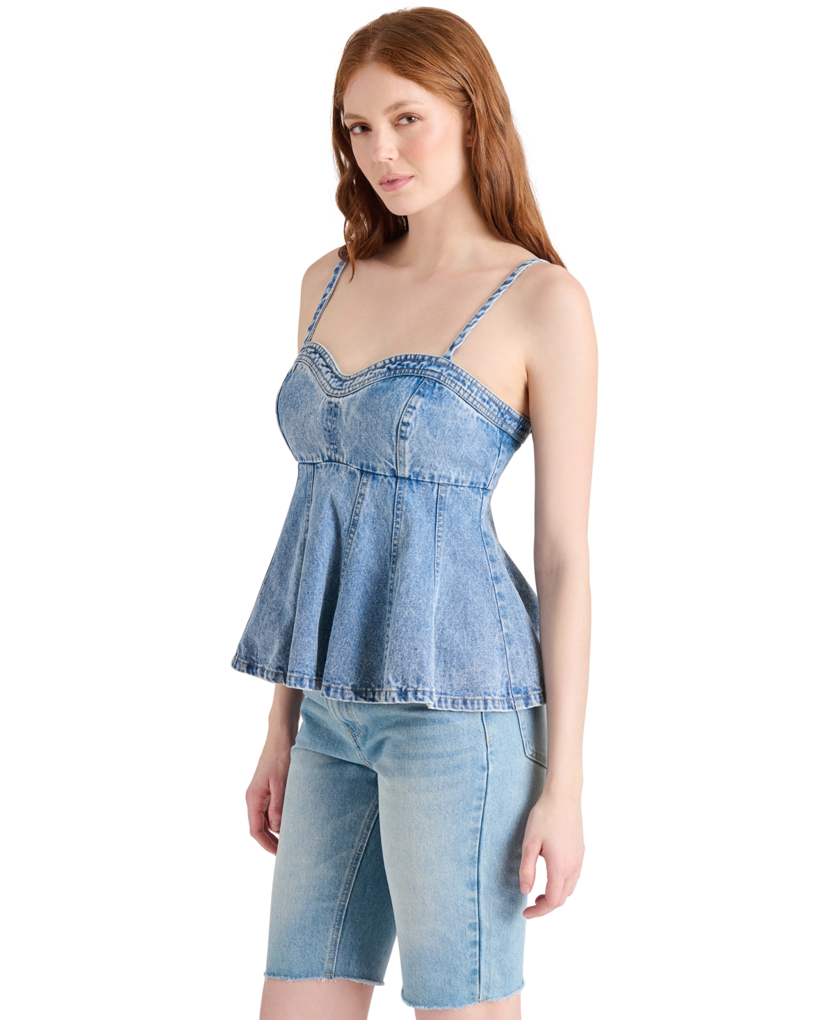 Steve Madden Women's Delta Sleeveless Denim Peplum Top In Medium Blue
