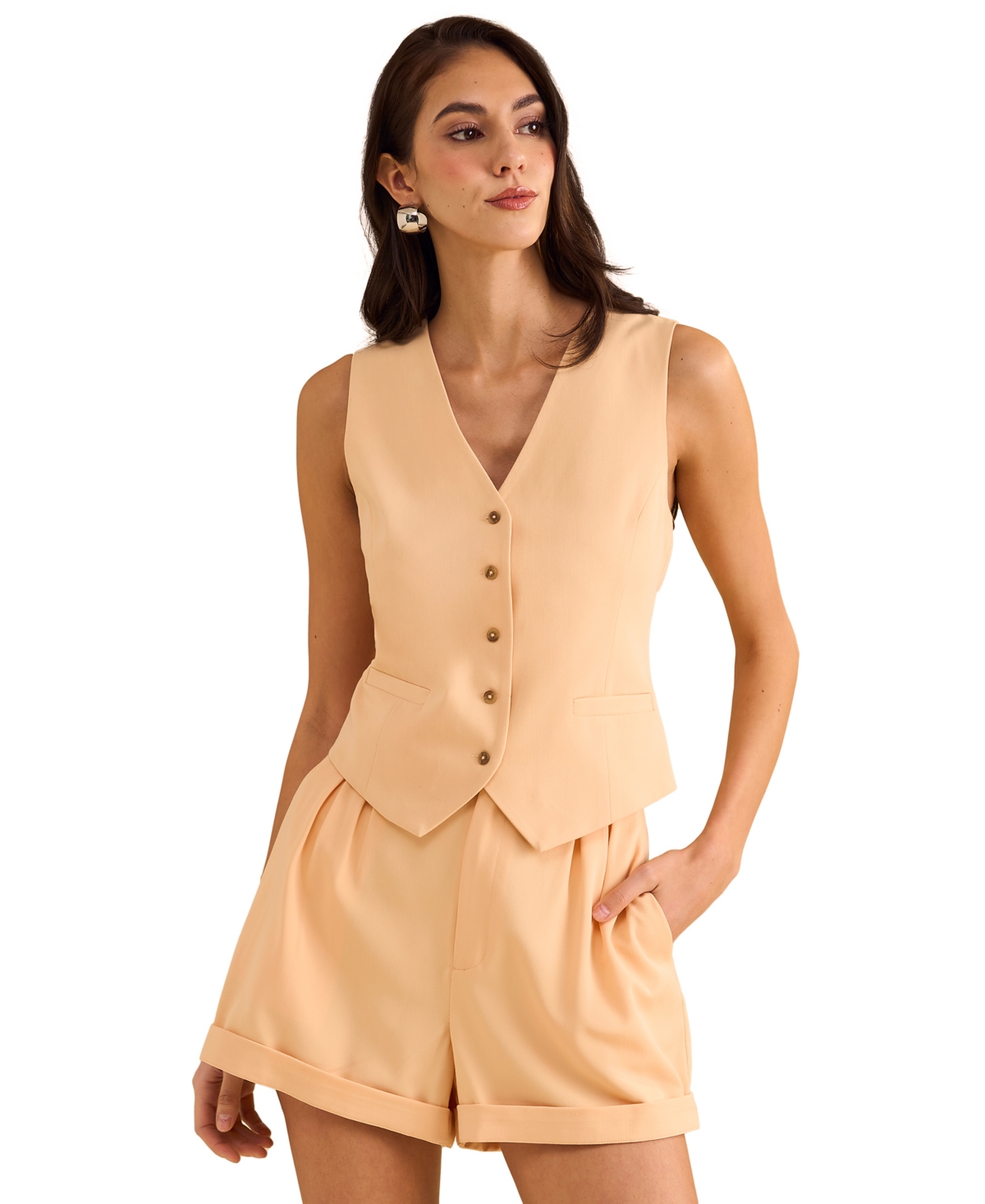 Women's High Rise Roll-Cuff Pleated Shorts - Peach Cream