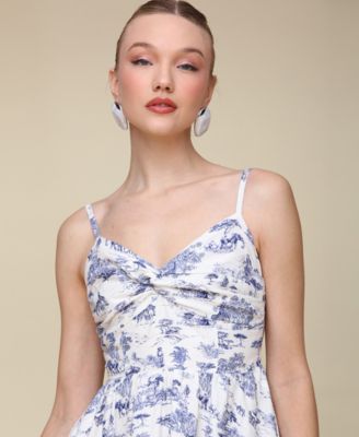 Women's Toile-Print Linen-Blend Tiered Fit & Flare Dress