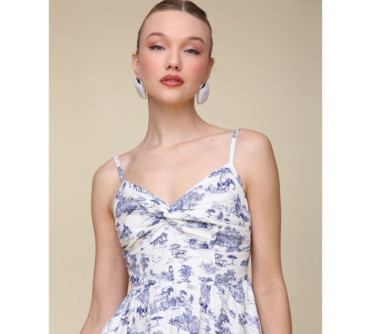 Avec Les Filles Women's Toile-print Linen-blend Tiered Fit & Flare Dress In Savanna Toile,dark Navy,cream