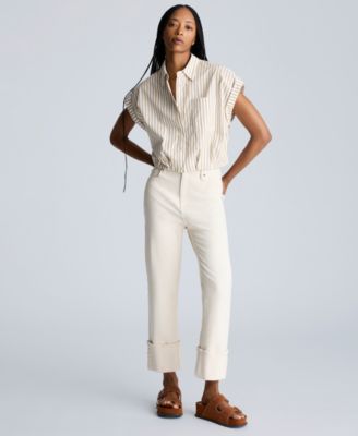 Women's Striped Short Dolman-Sleeve Cropped Shirt