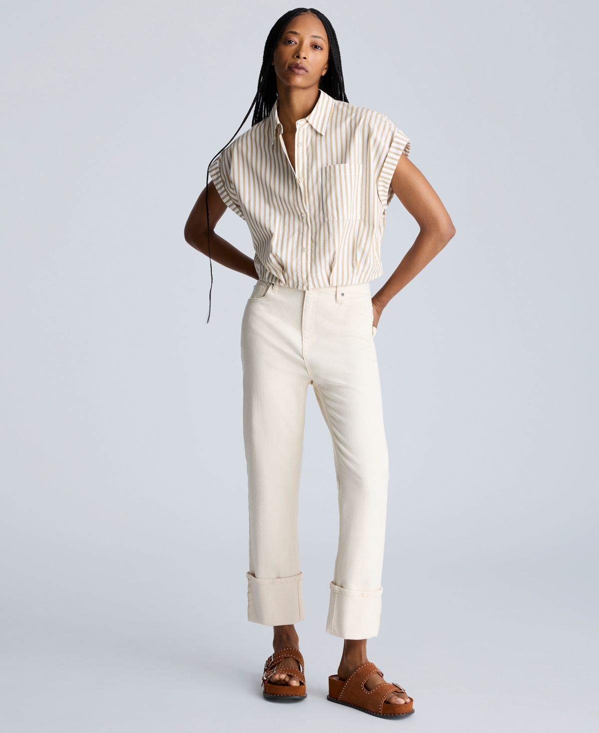Kenneth Cole Drop Shoulder Short Sleeve Button Front Shirt In Pure White,chai