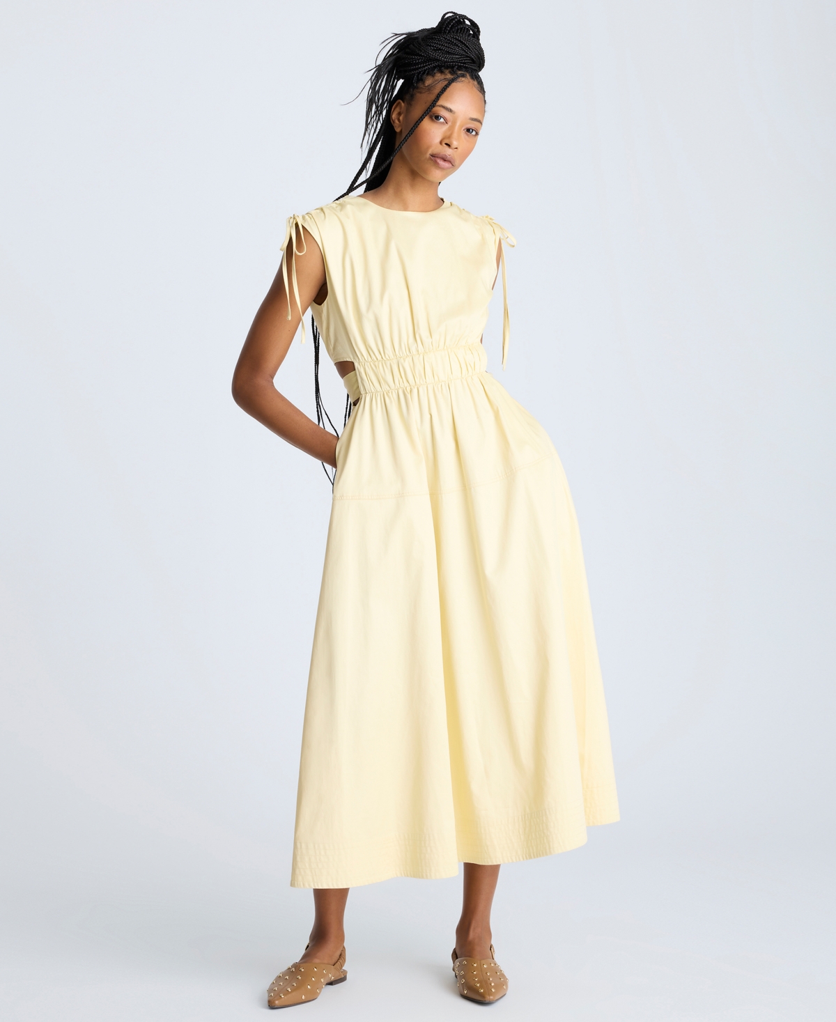 Women's Butter Yellow Ruched Tie-Shoulder Midi Dress - Butter Yellow